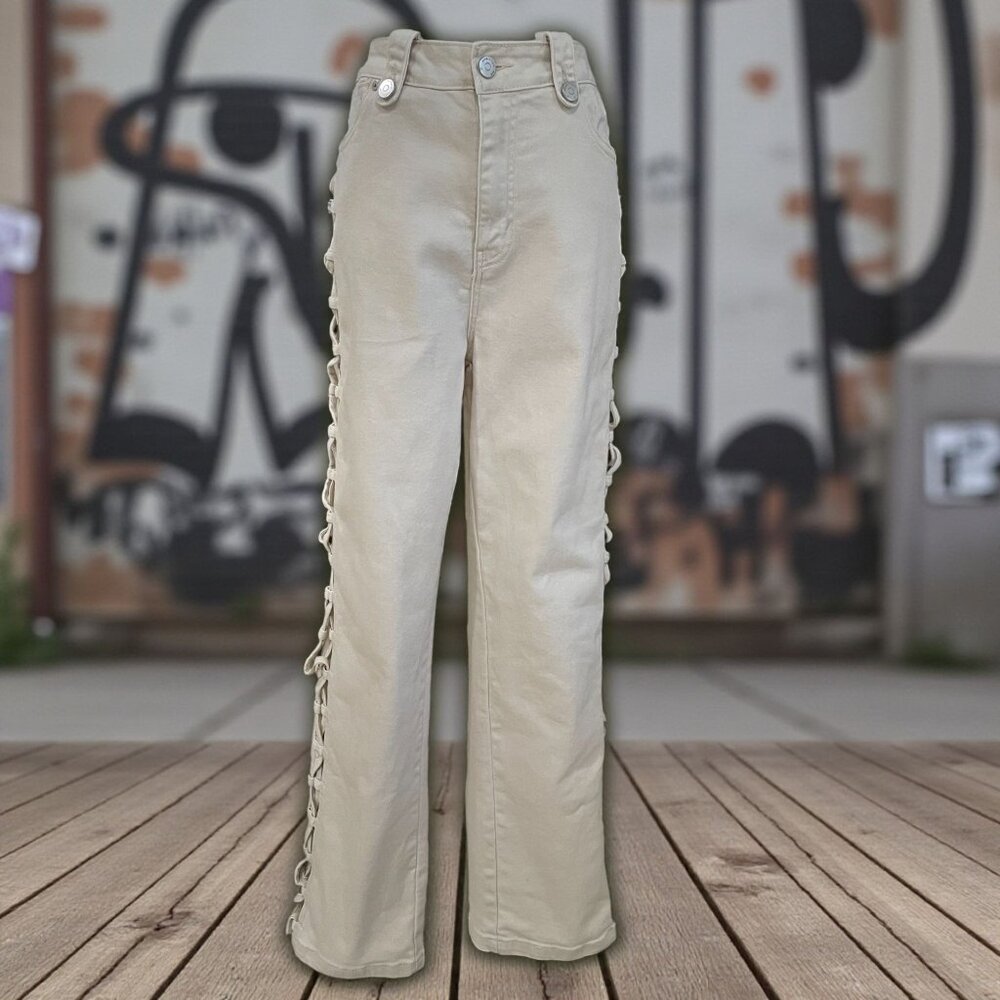 Habitual Lace Up Wide Leg Pants‎ Coquette Streetwear Y2K Neutral Casual 10
